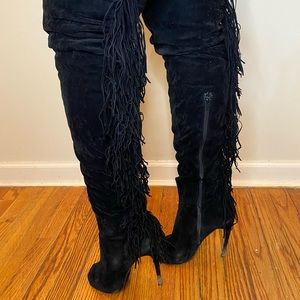 Peep toe thigh high suede boots with fringe in the back super sexy